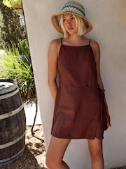 Chocolate Brown Linen Rich Wrap Skort Playsuit - Image 4 of 7