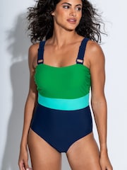 Pour Moi Navy/Green Petite Palm Springs Colour Block Tummy Control Swimsuit - Image 1 of 4