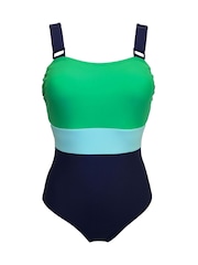 Pour Moi Navy/Green Petite Palm Springs Colour Block Tummy Control Swimsuit - Image 3 of 4