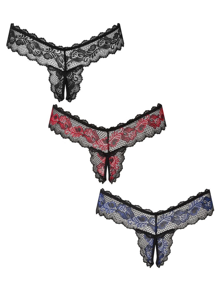 Ann Summers Black Triple Threat Lace Crotchless Thongs 3 Pack - Image 1 of 6