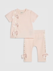 River Island Pink Branded Satin Bow T-Shirt and Leggings Set - Image 1 of 5