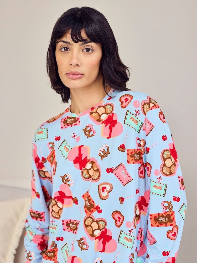 Chelsea Peers Blue Chocolate Box Print Long Pyjamas Set - Image 6 of 6 Chelsea Peers Blue Chocolate Box Print Long Pyjamas Set - Image 6 of 6