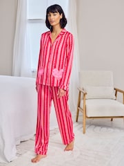Chelsea Peers Pink Satin Heart Pocket Striped Long Pyjamas Set - Image 1 of 5