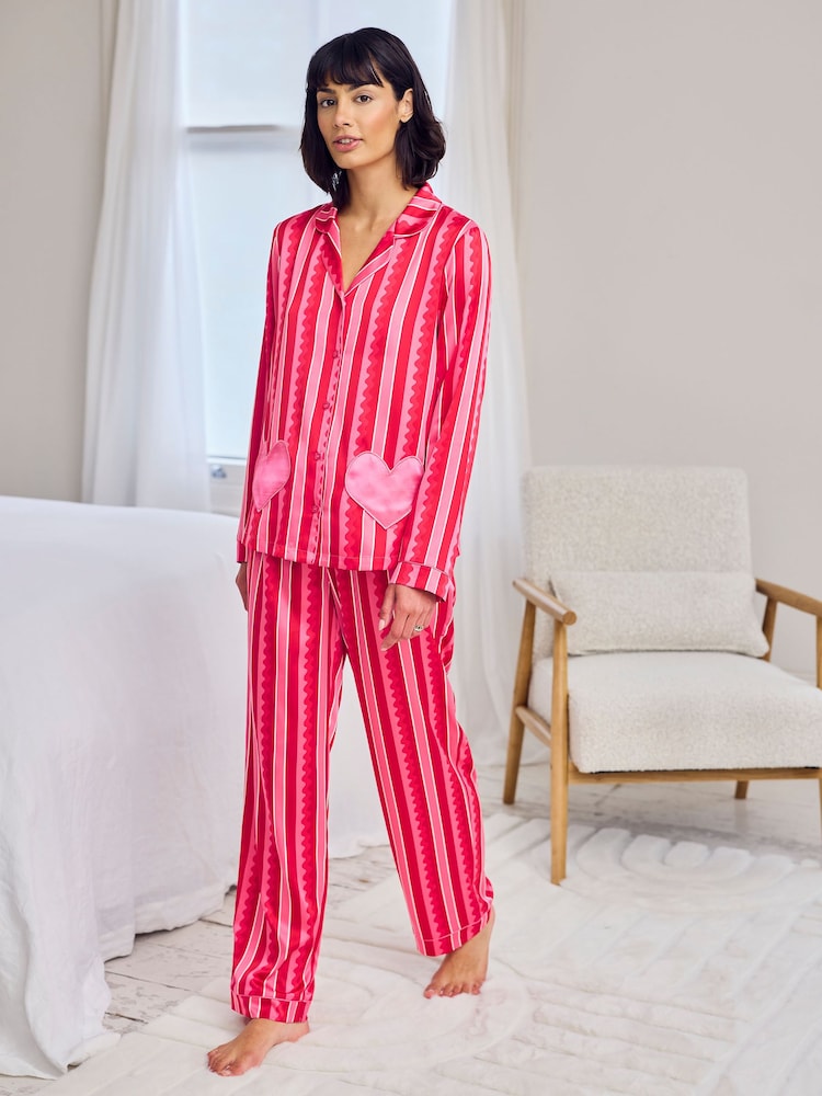 Chelsea Peers Pink Satin Heart Pocket Striped Long Pyjamas Set - Image 1 of 5