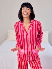 Chelsea Peers Pink Satin Heart Pocket Striped Long Pyjamas Set - Image 2 of 5
