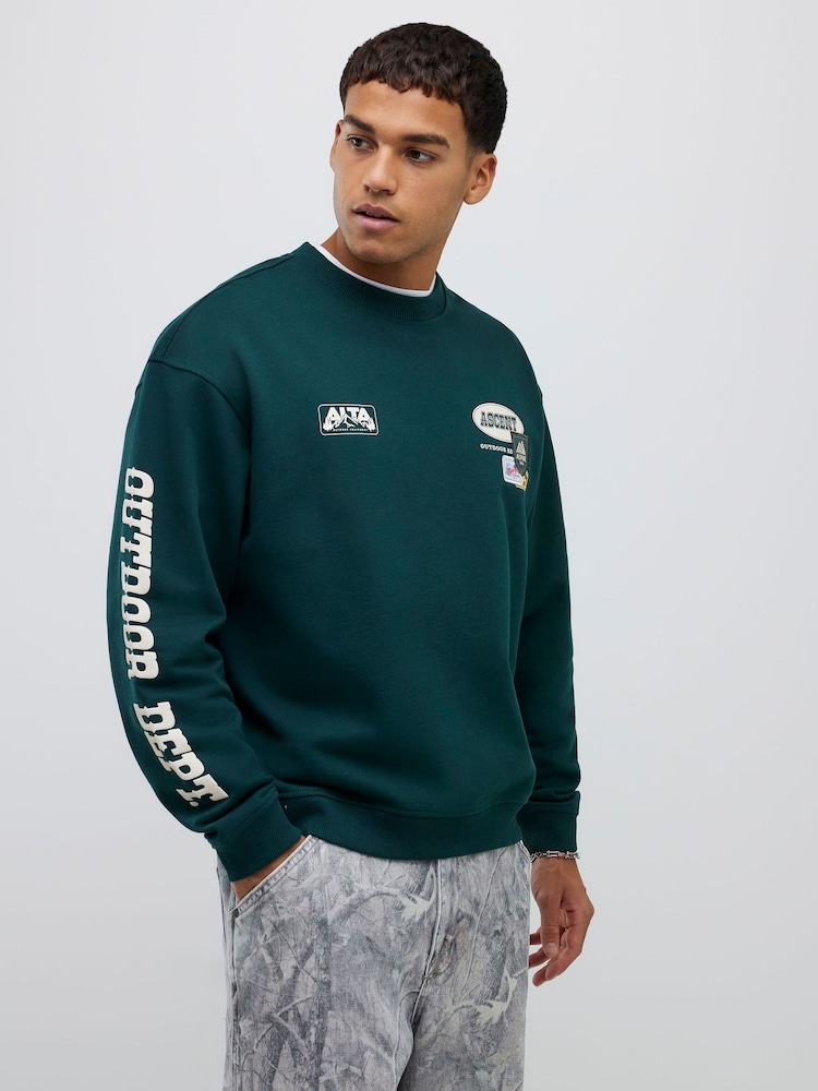 River Island Green Oversized Alpine Badging Crew Neck T-Shirt - Image 1 of 4