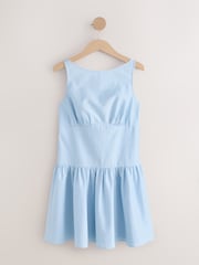 Chambray Blue Waisted Mini Dress with Linen - Image 6 of 9