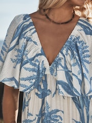 Crème/Bleu à petits motifs fleuris - Robe maxi à manches bouffantes - Image 4 de 7