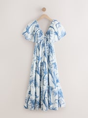 Crème/Bleu à petits motifs fleuris - Robe maxi à manches bouffantes - Image 5 de 7