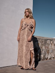 Deer Print Strappy Ruffle Maxi Slip Dress - Image 1 of 7
