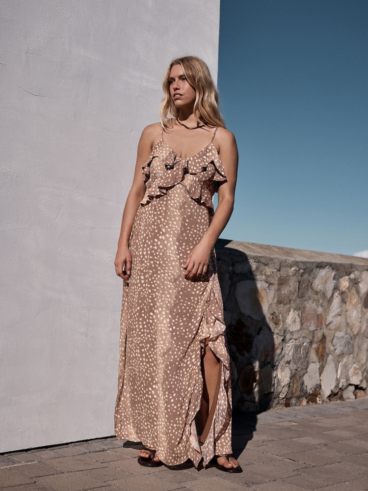 Deer Print Strappy Ruffle Maxi Slip Dress - Image 1 of 7 Deer Print Strappy Ruffle Maxi Slip Dress - Image 1 of 7