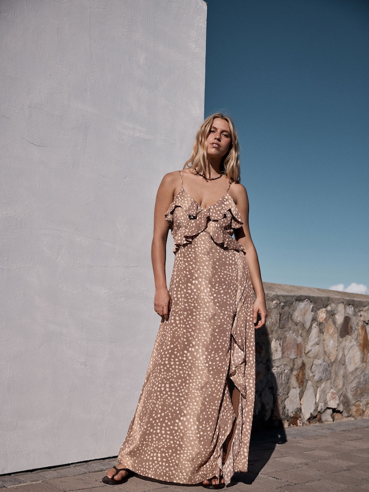 Deer Print Strappy Ruffle Maxi Slip Dress - Image 2 of 7 Deer Print Strappy Ruffle Maxi Slip Dress - Image 2 of 7