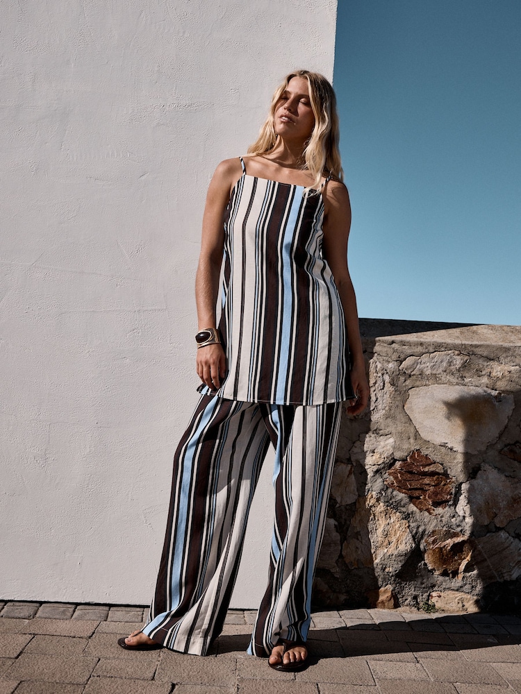Chocolate Brown Blue Stripe Longline Cami Top - Image 1 of 9 Chocolate Brown Blue Stripe Longline Cami Top - Image 1 of 9