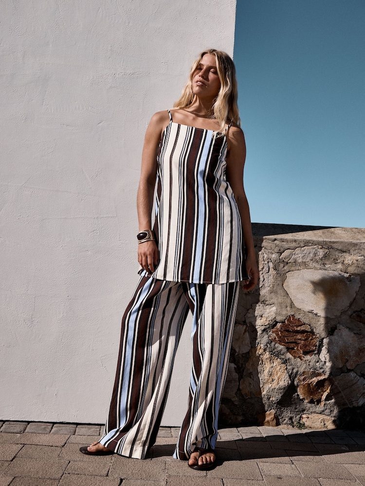 Chocolate Brown/Blue Stripe Wide Leg Trousers - Image 2 of 9 Chocolate Brown/Blue Stripe Wide Leg Trousers - Image 2 of 9