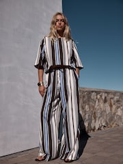 Chocolate Brown/Blue Stripe Wide Leg Trousers - Image 3 of 9