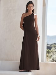 Chocolate Gold Hardwear One Shoulder Knot Detail Midi Dress - Image 1 of 10