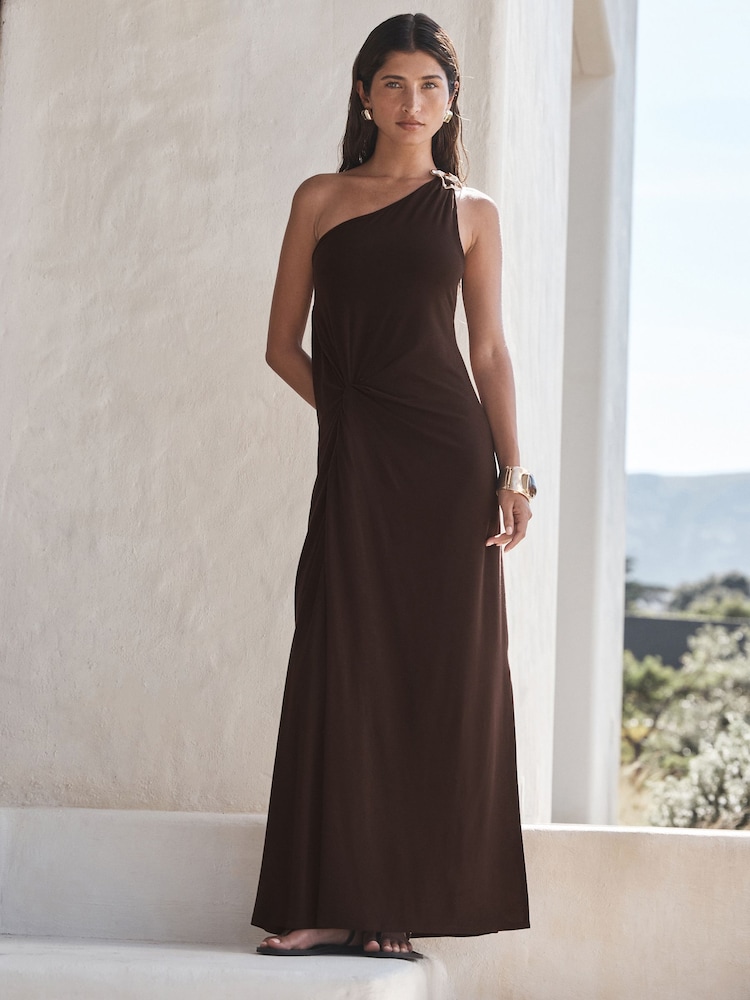 Chocolate Gold Hardwear One Shoulder Knot Detail Midi Dress - Image 1 of 10