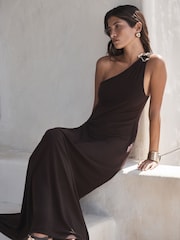 Chocolate Gold Hardwear One Shoulder Knot Detail Midi Dress - Image 3 of 10