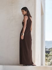 Chocolate Gold Hardwear One Shoulder Knot Detail Midi Dress - Image 5 of 10