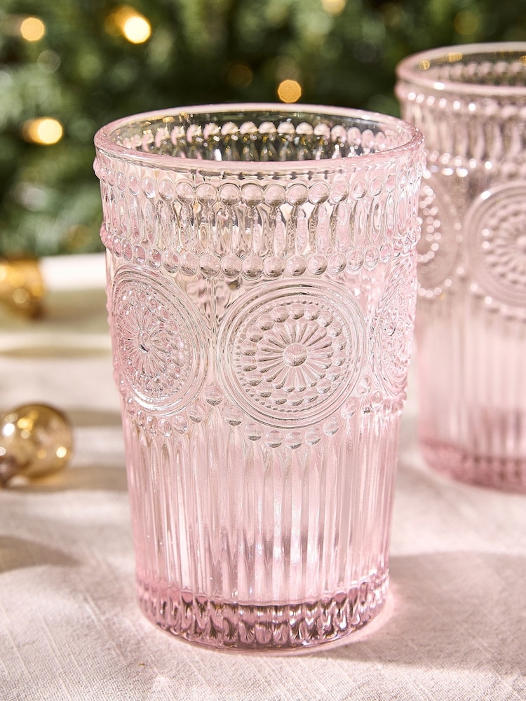 Dibor Set of 4 Pink Embossed Highball Tumbler Glass - Image 2 of 5