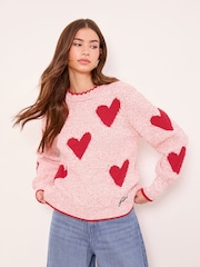 Lipsy Red Heart Pattern Stitchy Embroidered Knit Jumper - Image 1 of 5