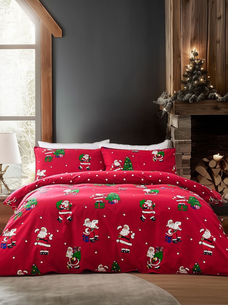 Chelsea Peers Red Cotton Christmas Santa Snowball Print Reversible Bedding Set - Image 1 of 3 Chelsea Peers Red Cotton Christmas Santa Snowball Print Reversible Bedding Set - Image 1 of 3