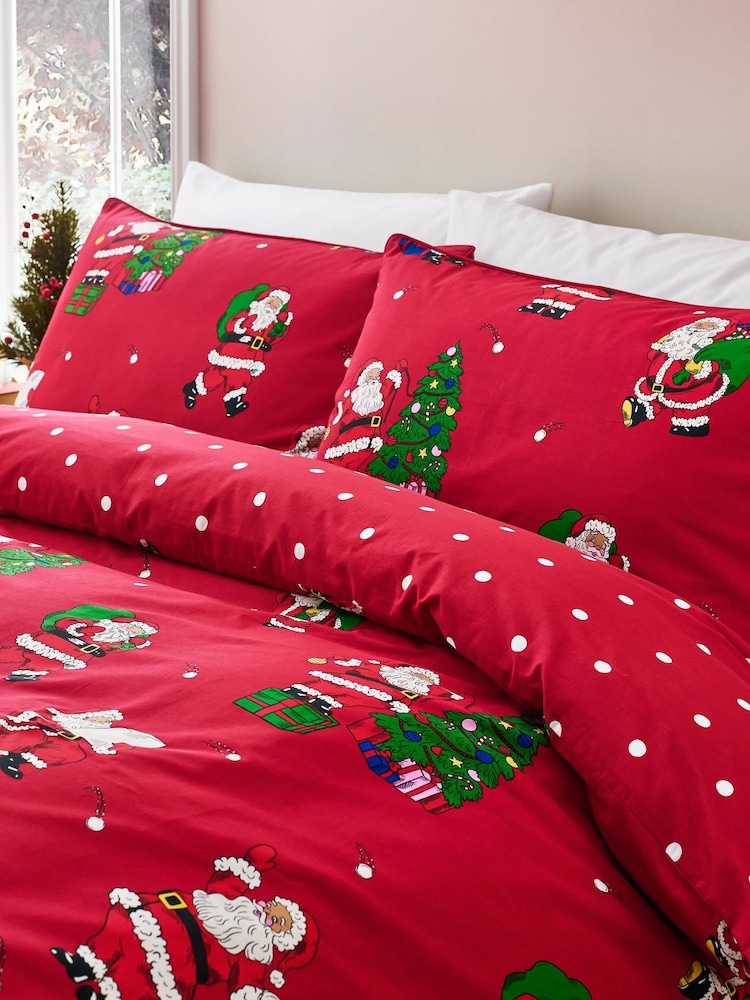 Chelsea Peers Red Cotton Christmas Santa Snowball Print Reversible Bedding Set - Image 2 of 3 Chelsea Peers Red Cotton Christmas Santa Snowball Print Reversible Bedding Set - Image 2 of 3