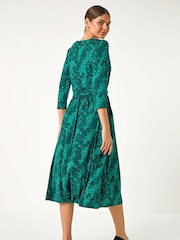 Roman Green Animal Print Mock Wrap Midi Dress - Image 2 of 5