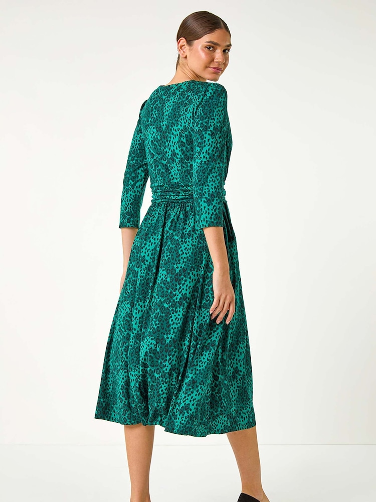 Roman Green Animal Print Mock Wrap Midi Dress - Image 2 of 5 Roman Green Animal Print Mock Wrap Midi Dress - Image 2 of 5