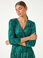 Roman Green Animal Print Mock Wrap Midi Dress - Image 4 of 5