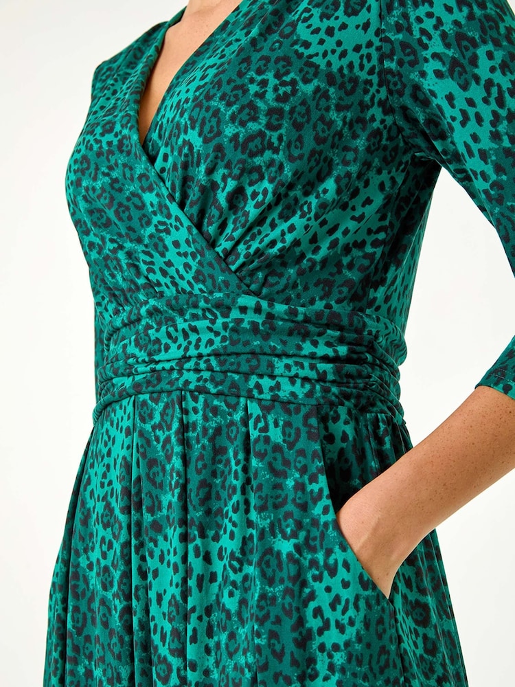 Roman Green Animal Print Mock Wrap Midi Dress - Image 5 of 5 Roman Green Animal Print Mock Wrap Midi Dress - Image 5 of 5