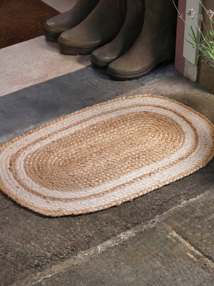 Cox & Cox Natural Border Braided Jute Oval Doormat - Image 1 of 3