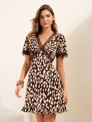 Friends Like These Brown Print Lace Detail V-Neck Short Sleeve Mini Dress - Image 1 of 4