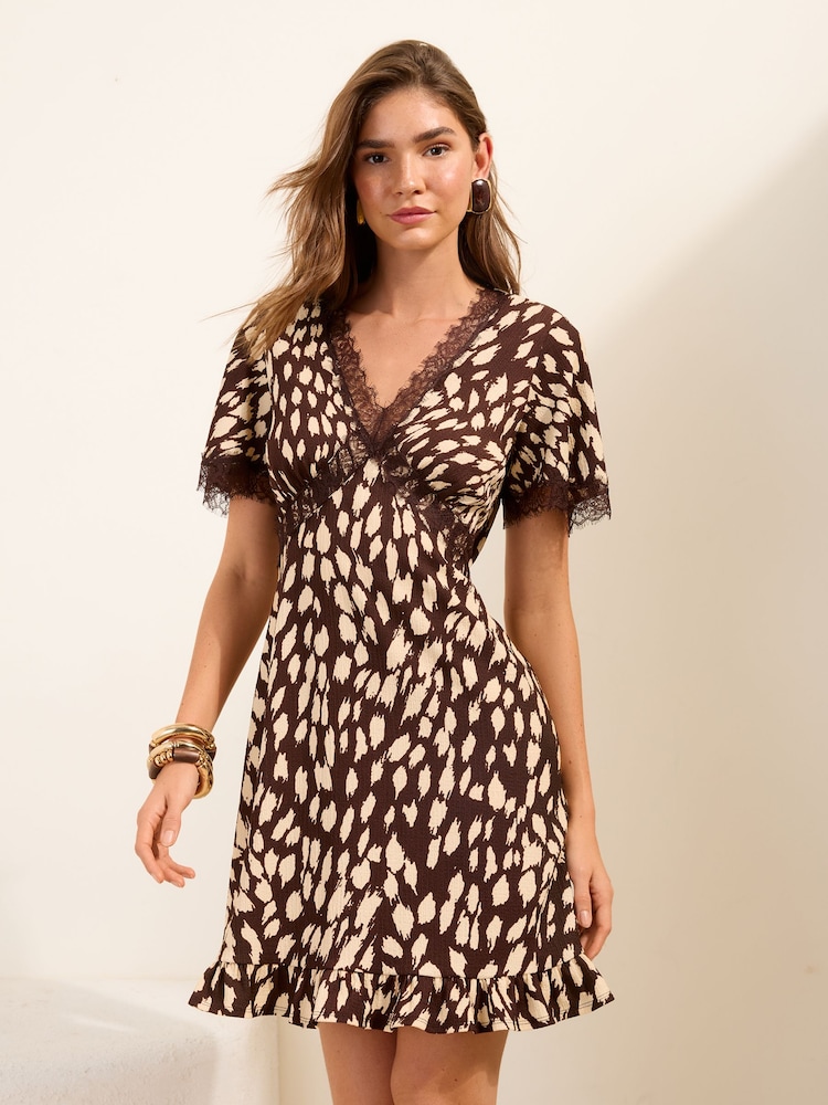 Friends Like These Brown Print Lace Detail V-Neck Short Sleeve Mini Dress - Image 1 of 4 Friends Like These Brown Print Lace Detail V-Neck Short Sleeve Mini Dress - Image 1 of 4