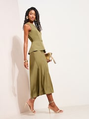 Friends Like These Olive Green Petite 2-In-1 Belted Peplum Satin Midi Dress - Image 1 of 4