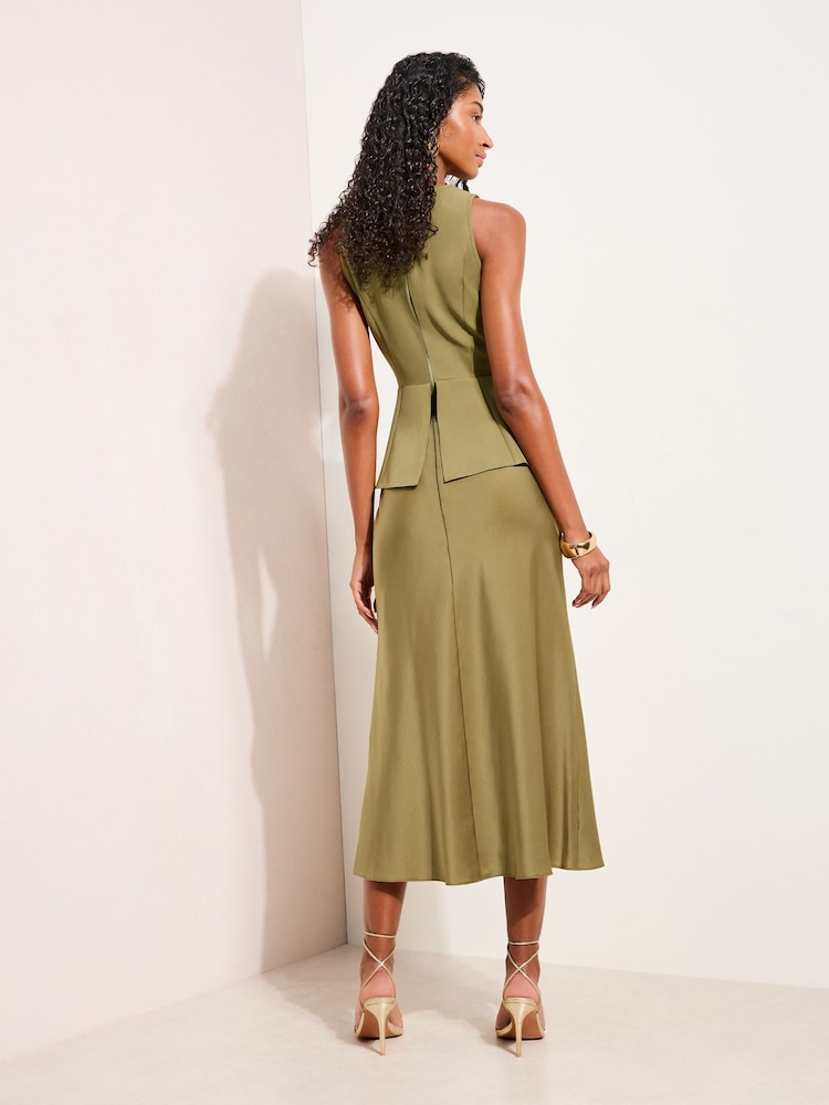 Friends Like These Olive Green Petite 2-In-1 Belted Peplum Satin Midi Dress - Image 2 of 4 Friends Like These Olive Green Petite 2-In-1 Belted Peplum Satin Midi Dress - Image 2 of 4