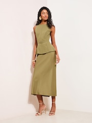 Friends Like These Olive Green Petite 2-In-1 Belted Peplum Satin Midi Dress - Image 3 of 4