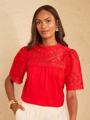 Love & Roses Red Broderie Yoke T-Shirt - Image 1 of 4