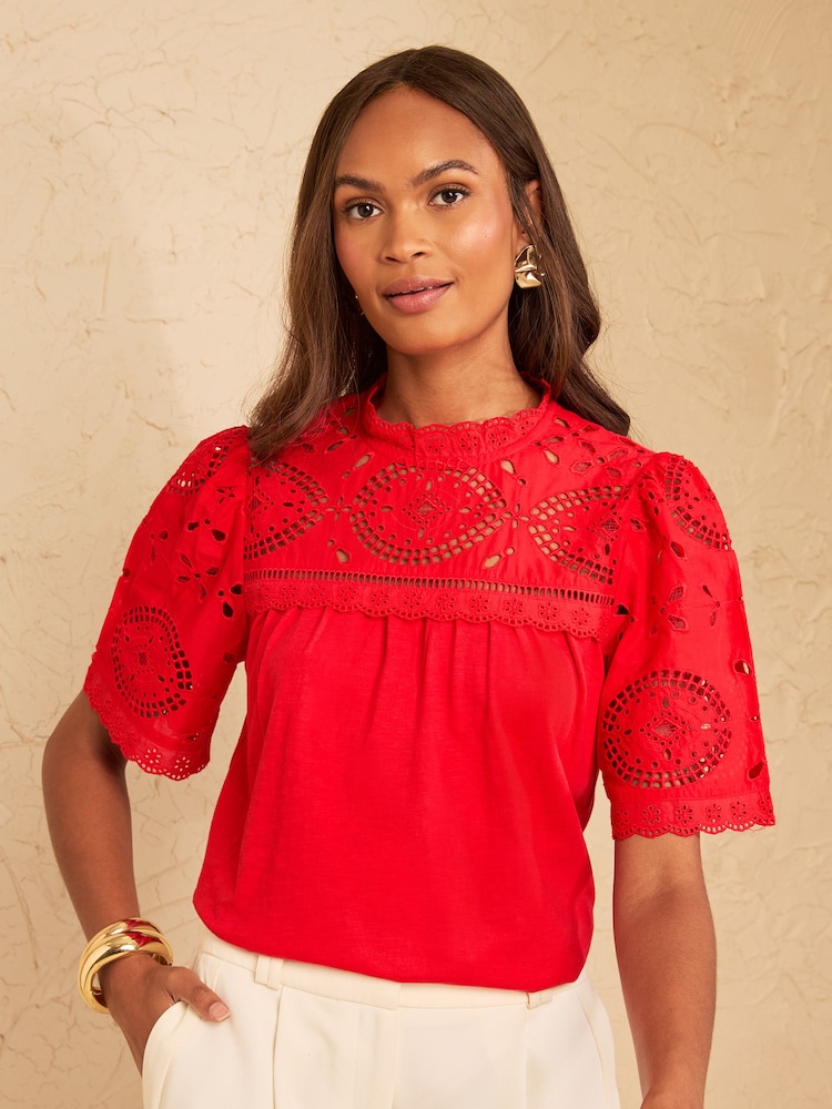 Love & Roses Red Broderie Yoke T-Shirt - Image 1 of 4
