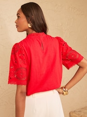 Love & Roses Red Broderie Yoke T-Shirt - Image 4 of 4