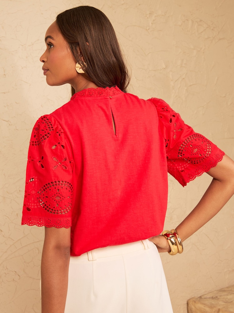 Love & Roses Red Broderie Yoke T-Shirt - Image 4 of 4