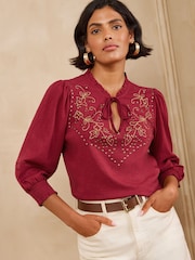 Love & Roses Rust Brown Studded Embroidered Yoke 3/4 Sleeve Top - Image 1 of 5