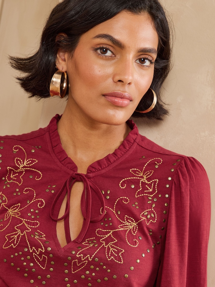 Love & Roses Rust Brown Studded Embroidered Yoke 3/4 Sleeve Top - Image 2 of 5