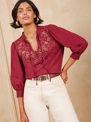 Love & Roses Rust Brown Studded Embroidered Yoke 3/4 Sleeve Top - Image 3 of 5