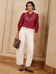 Love & Roses Rust Brown Studded Embroidered Yoke 3/4 Sleeve Top - Image 4 of 5