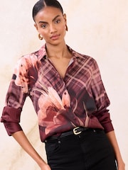 Lipsy Burgundy Red Check Floral Satin Shirt - Image 2 of 4