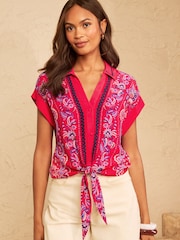 Love & Roses Red Petite Bandana Style Print Tie Front Roll Sleeve Shirt - Image 1 of 4