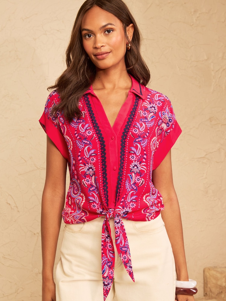 Love & Roses Red Petite Bandana Style Print Tie Front Roll Sleeve Shirt - Image 1 of 4 Love & Roses Red Petite Bandana Style Print Tie Front Roll Sleeve Shirt - Image 1 of 4