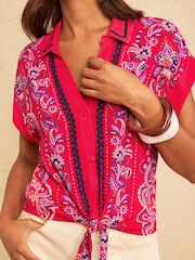 Love & Roses Red Petite Bandana Style Print Tie Front Roll Sleeve Shirt - Image 2 of 4