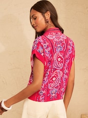 Love & Roses Red Petite Bandana Style Print Tie Front Roll Sleeve Shirt - Image 4 of 4